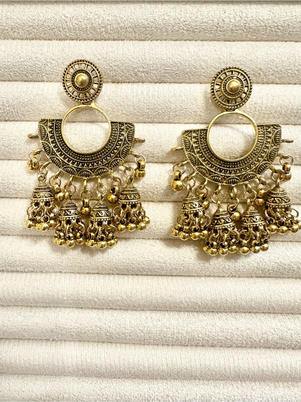Fashion Jewelry Gold Filigree Chandbali Earrings with Jhumka Bells - Picture 3 of 4